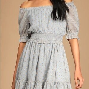 Lulus Touch of Glam Sm Dusty Blue Dotted Off-the-Shoulder Mini Dress Cottagecore